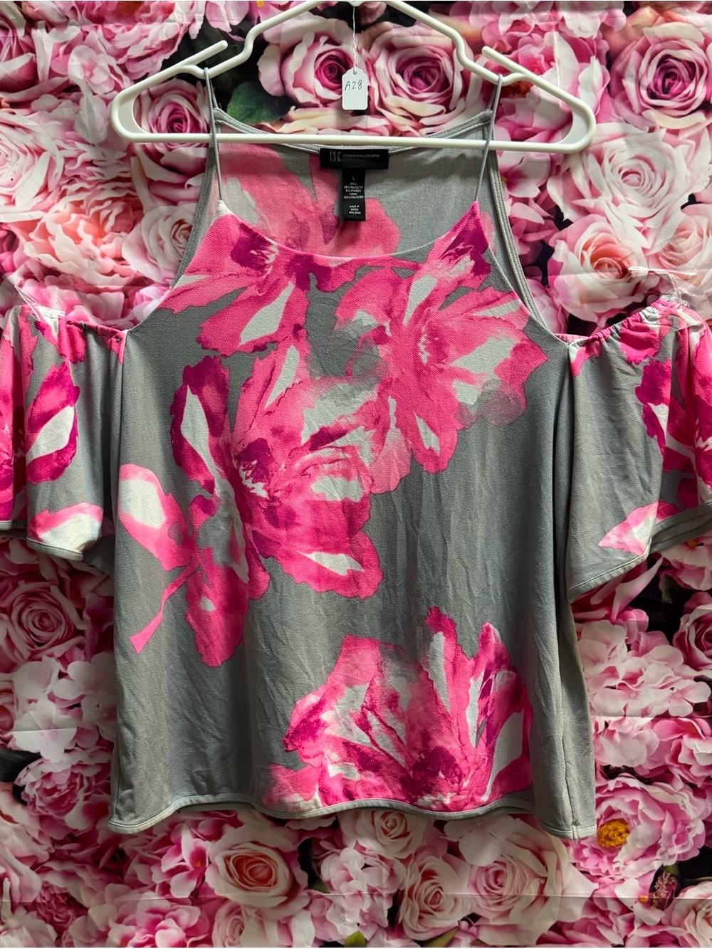 INC International Concepts Gray Top with Bright Pink Floral Print